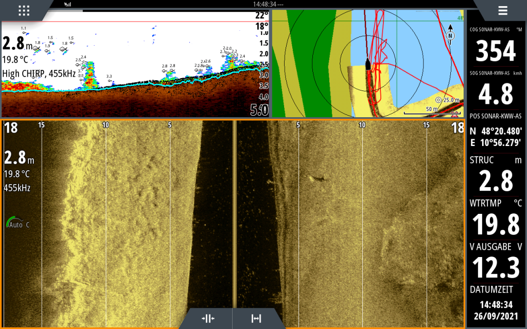 Sonarbild der Sonar - Übungspuppe, 6 Meter steuerbordseitig vom Boot